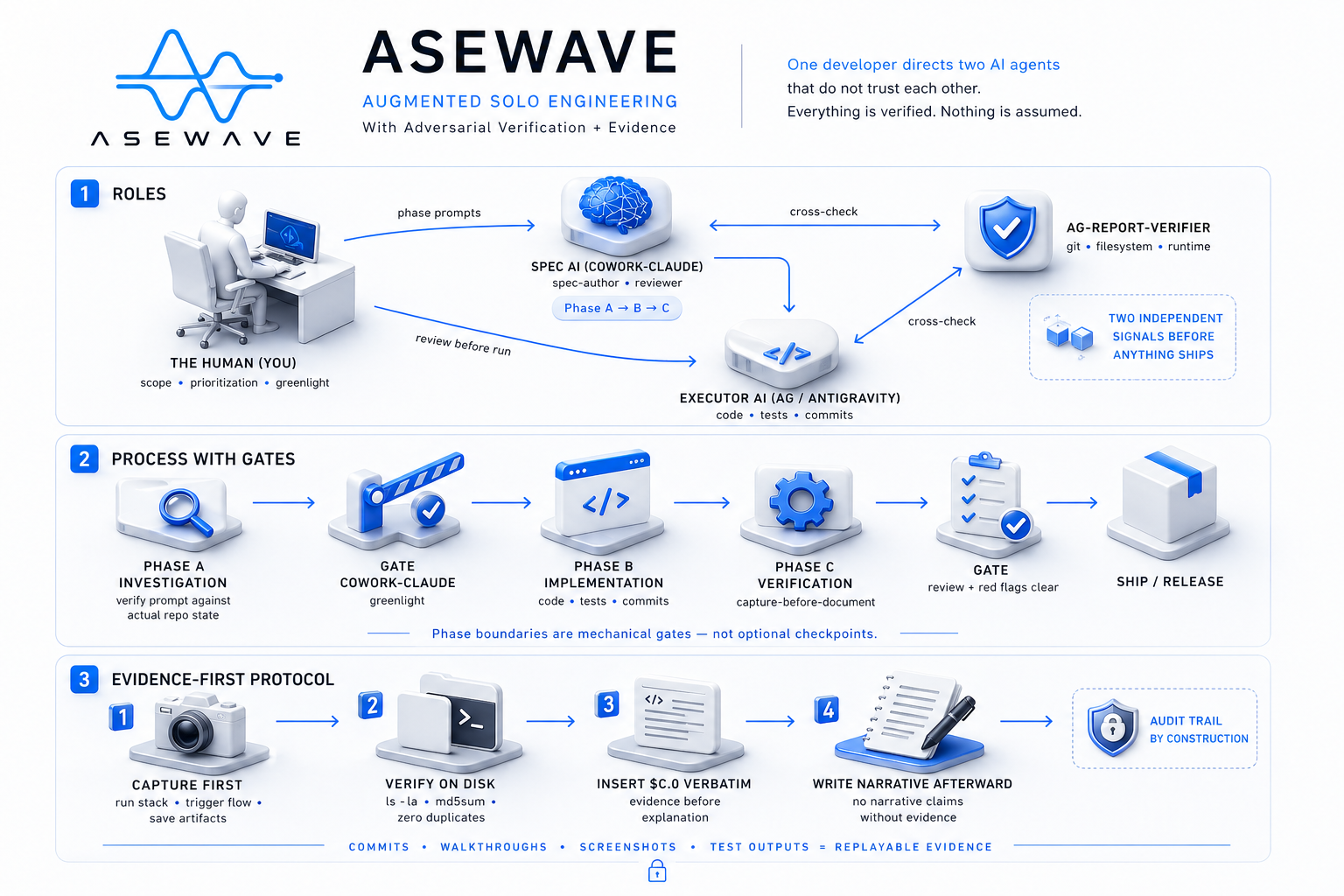 ASEWAVE operating model diagram — interaction between the human, Cowork-Claude, and executor AI across phase A, B and C boundaries